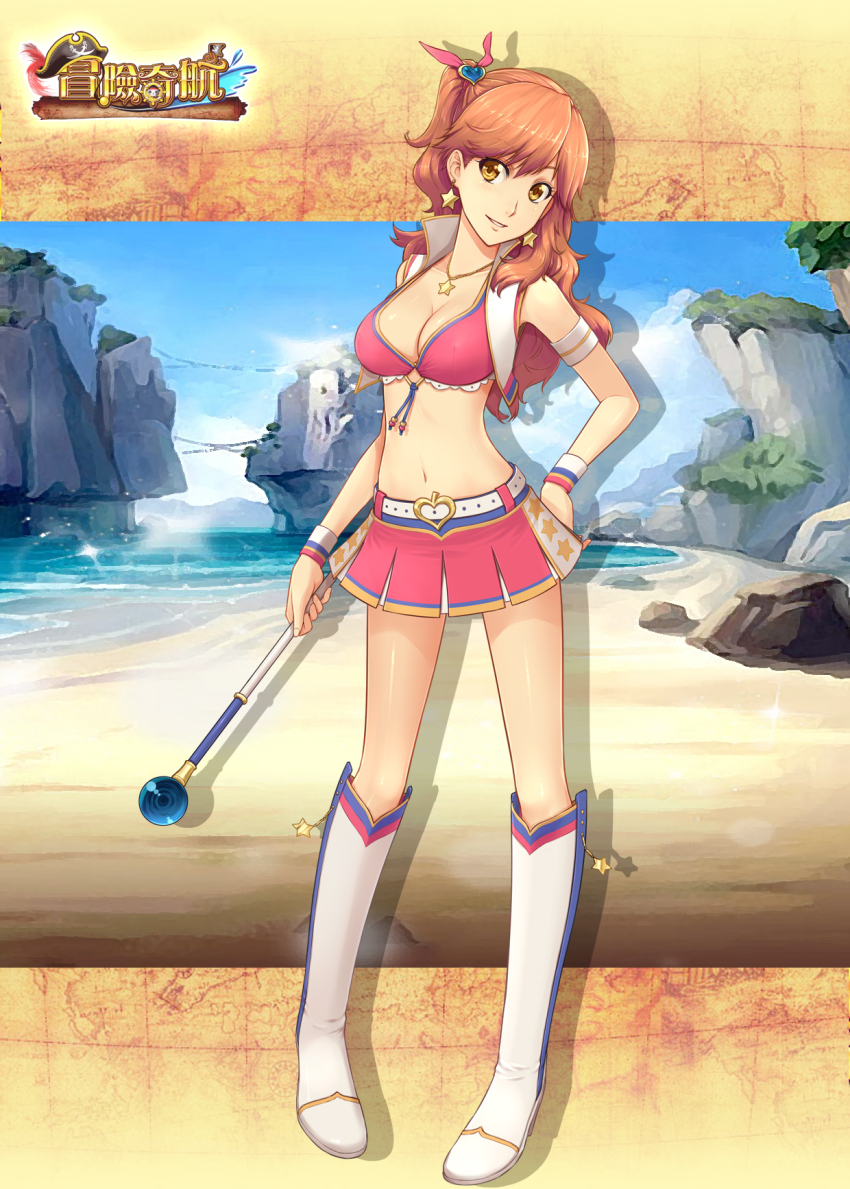 1girl, armband, belt, boots, breasts, brown_eyes, brown_hair, character_request, cheerleader, cleavage, copyright_name, dan_(kumadan), earrings, female_focus, hand_on_own_hip, highres, jewelry, knee_boots, long_hair, maoxian_qi_hang, medium_breasts, midriff, navel, necklace, orange_hair, parted_lips, pendant, shiny_skin, side_ponytail, skirt, smile, solo, star_(symbol), star_earrings, star_necklace, vest, wristband, yellow_eyes