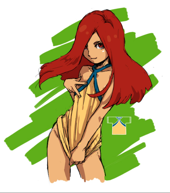 1boy, adapted_costume, bottomless, inazuma_eleven_(series), inazuma_eleven_go, long_hair, male_focus, nemutai, red_hair, seidou_dan, shirt_tug, smile, soccer_uniform, solo, sportswear, trap, unlimited_shining, v, white_background