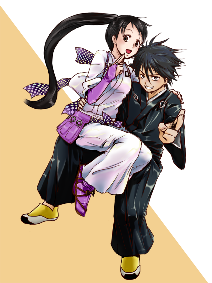 1boy, 1girl, black_eyes, black_hair, breasts, brown_eyes, japanese_clothes, kekkaishi