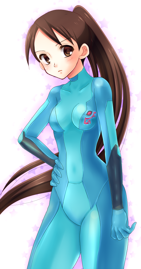 1girl, bodysuit, breasts, brown_eyes, brown_hair, cosplay, kekkaishi, long_hair