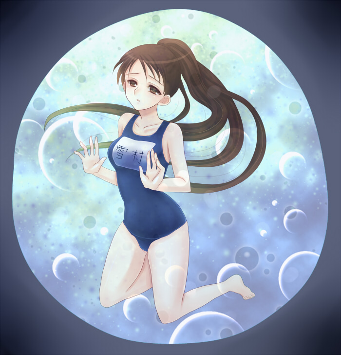 1girl, bare_shoulders, breasts, brown_eyes, brown_hair, kekkaishi, long_hair, open_mouth