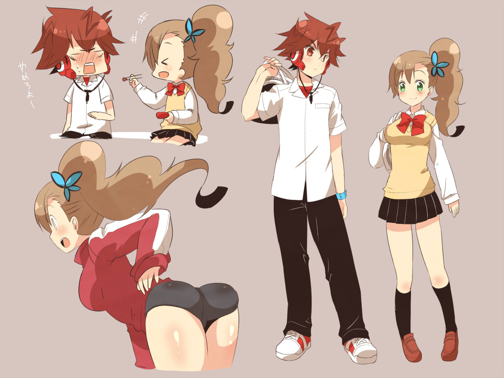 >_<, 1boy, 1girl, ass, bent_over, blush, breasts, brown_background, brown_eyes, brown_hair, buruma, butterfly_hair_ornament, choker, chopsticks, chousoku_henkei_gyrozetter, closed_eyes, food, green_eyes, gym_uniform, hair_ornament, hanamsky, headphones, inaba_rinne, long_hair, open_mouth, ribbon, school_uniform, shoes, short_hair, side_ponytail, simple_background, smile, sneakers, todoroki_kakeru