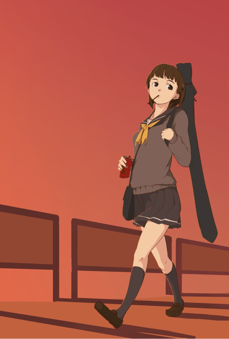 10s, 1girl, bag, black_hair, black_socks, female_focus, food, ipponshimeji