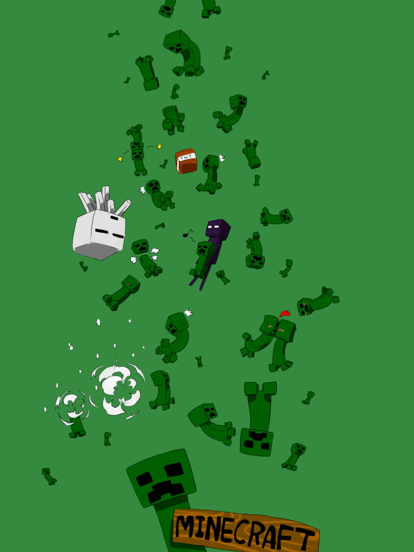 ^^^, blush, copyright_name, creeper, enderman, explosive, ghast, green_background, heart, highres, kiss, looking_at_viewer, minecraft, simple_background, sumikarasu, tnt, tnt_block_(minecraft)