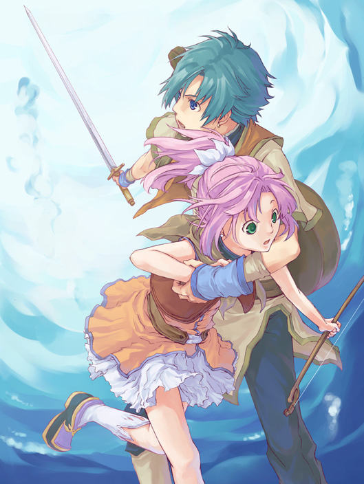 1boy, 1girl, 344_(sola), blue_eyes, blue_hair, bow_(weapon), eiyuu_densetsu, falcom