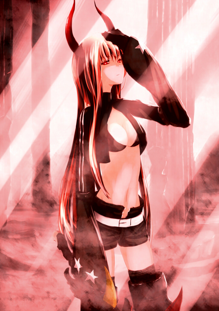 10s, 1girl, belt, black_gold_saw, black_rock_shooter, breasts, buckle, cleavage