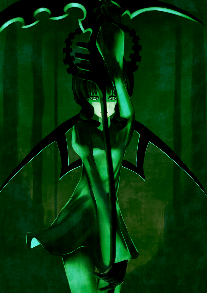 10s, 1girl, black_rock_shooter, dead_master, female_focus, green_eyes, green_theme, horns