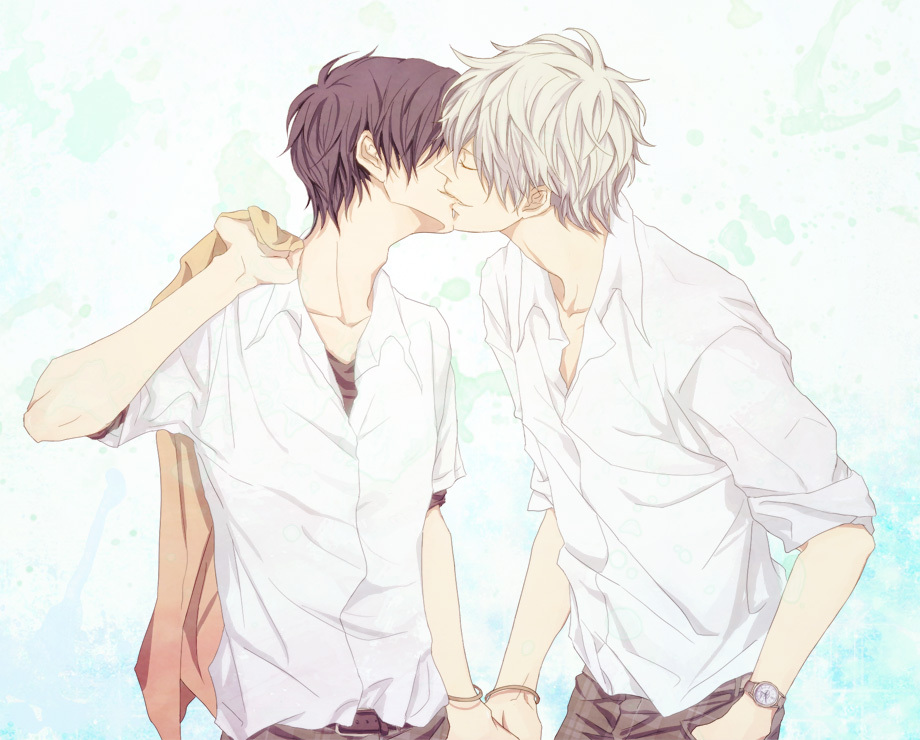 2boys, adct5, black_hair, casual, clothes, couple, gintama, holding_hands, jewelry, kiss, male_focus, multiple_boys, pants, purple_hair, sakata_gintoki, short_hair, smile, takasugi_shinsuke, watch, white_hair, yaoi