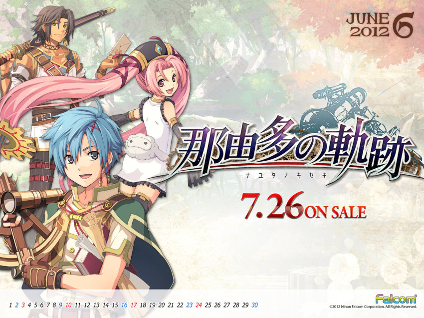 10s, 1girl, 2012, 2boys, belt, black_hair, blue_hair, buckle, calendar, company_name, detached_sleeves, eiyuu_densetsu, enami_katsumi, envelope, falcom, gears, gloves, grey_eyes, hair_ornament, hairclip, headdress, june, long_hair, low-tied_long_hair, multiple_boys, nayuta_herschel, nayuta_no_kiseki, noi_(eiyuu_densetsu), noi_(nayuta_no_kiseki), pink_eyes, pink_hair, signa_alhazen, smile, telescope, thighhighs, twintails