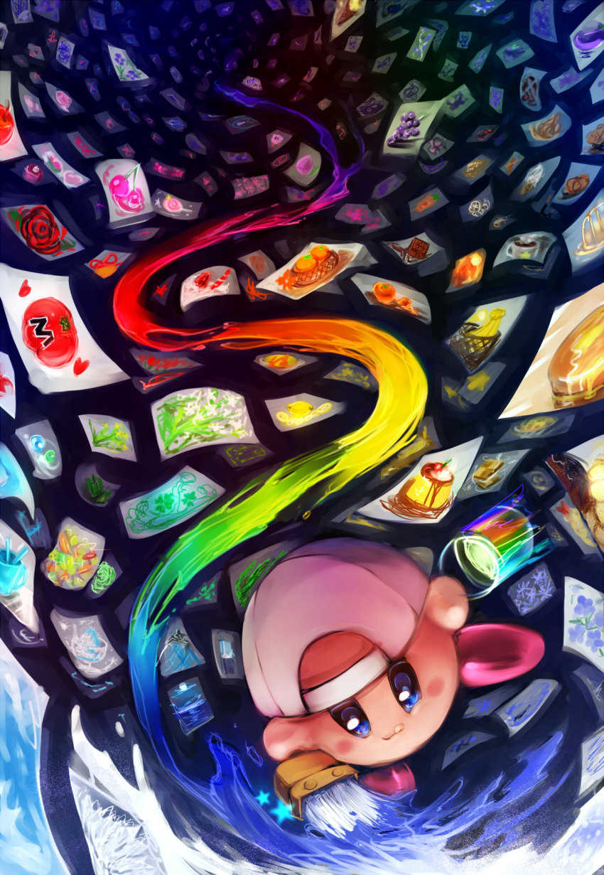 1up, :d, backwards_hat, bad_id, banana, basket, blue_background, blue_eyes, blush, blush_stickers, brush, bucket, cake, candy, caramel_(artist), cherry, chocolate, chocolate_bar, dessert, fish, flower, food, fruit, grapes, hat, highres, kirby, kirby_(series), lemon, lollipop, maximum_tomato, nintendo, no_humans, open_mouth, orange_(fruit), paint_kirby, paintbrush, painting_(action), peach, photo_(object), plant, plum, rainbow, rainbow_order, smile, solo, star_(symbol), sweets, tomato