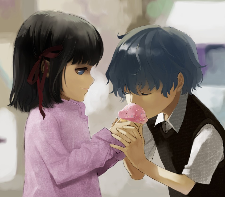 1boy, 1girl, aged_down, bad_id, bad_pixiv_id, black_hair, blue_eyes, blue_hair, brother_and_sister, child, closed_eyes, fate/zero, fate_(series), food, genichikou, ice_cream, matou_family_(fate), matou_sakura, matou_shinji, short_hair, siblings, sweater_vest, tohsaka_sakura, wavy_hair
