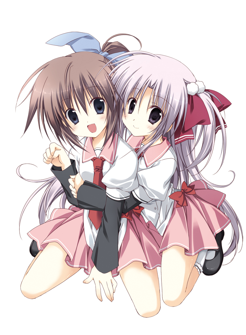 2girls, :d, bad_id, bad_pixiv_id, blue_eyes, blush, bow, brown_hair