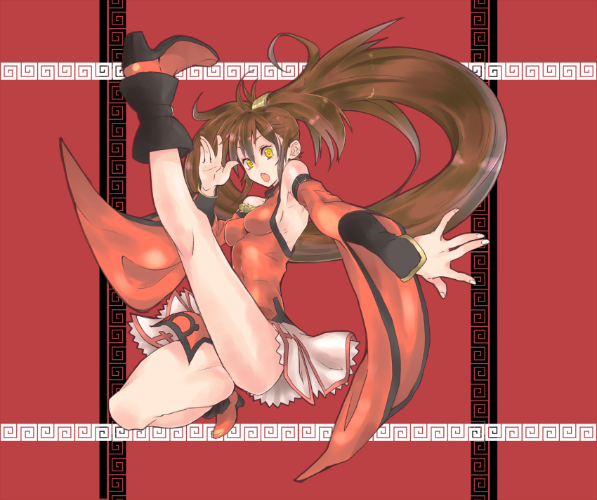 1girl, arc_system_works, boots, brown_hair, china_dress, chinese_clothes, detached_sleeves, dress, female_focus, full_body, fuyunohajime, guilty_gear, high_heels, high_kick, highres, impossible_clothes, kicking, kuradoberi_jam, long_hair, open_mouth, red_theme, shoes, solo, very_long_hair, wide_sleeves, yellow_eyes