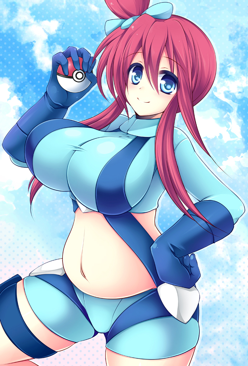 10s, 1girl, blue_eyes, breasts, gym_leader, hair_ornament, large_breasts, long_hair, midriff, navel, nintendo, plump, poke_ball, pokemon, pokemon_black_and_white, red_hair, shorts, skyla_(pokemon), smile, tokonaru