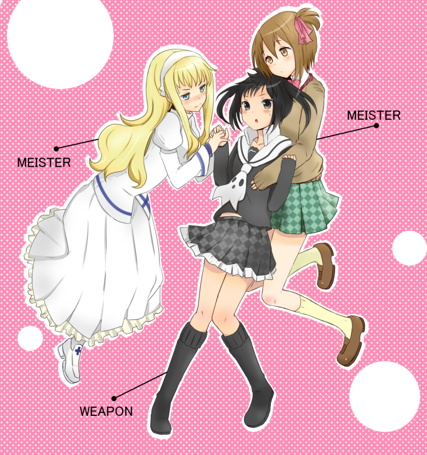 10s, 3girls, anya_hepburn, black_eyes, black_hair, blonde_hair, blue_eyes, brown_eyes
