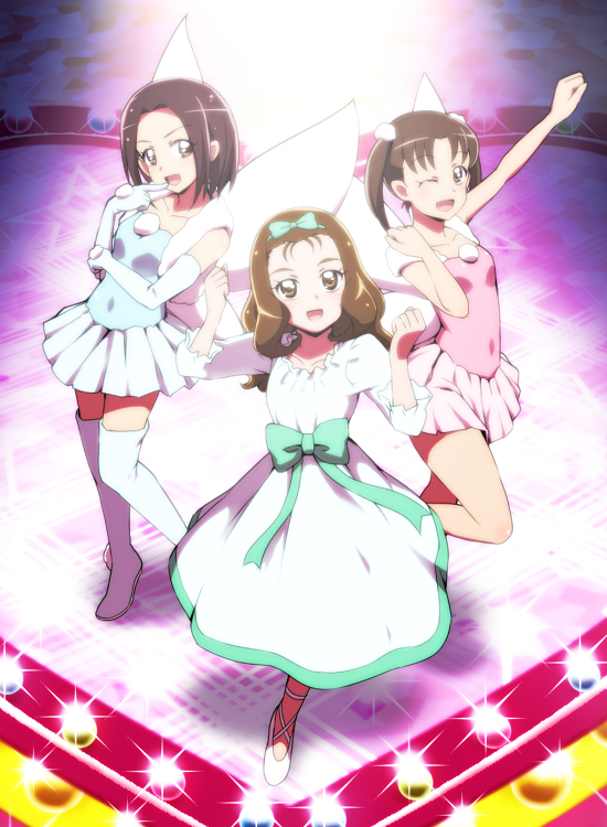 10s, 3girls, :d, ;d, arm_up, boots, bow, covered_navel