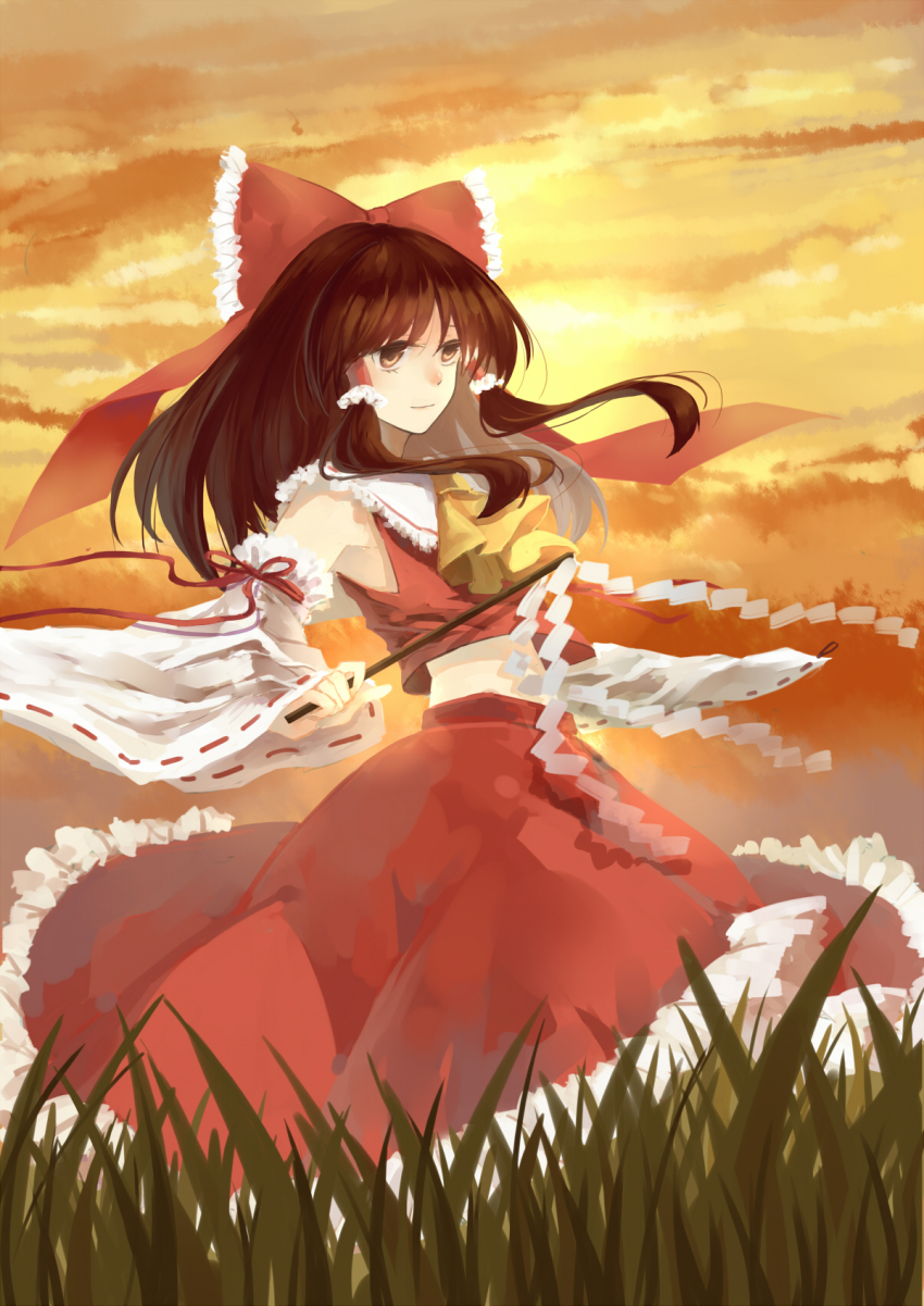 1girl, ascot, blush, bow, brown_eyes, brown_hair, detached_sleeves, female_focus