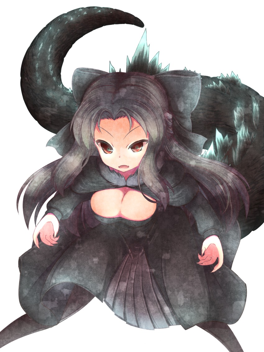 00s, 1girl, alternate_breast_size, black_hair, black_pantyhose, bow, breasts, cleavage, dragon_girl, dragon_tail, female_focus, fingernails, from_above, fusion, godzilla, godzilla_(series), gojiren, hair_bow, half_updo, highres, large_bow, large_breasts, len_(tsukihime), long_hair, monster_girl, open_mouth, pantyhose, red_eyes, sharp_fingernails, slit_pupils, solo, tail, tsukihime, umemaneneco