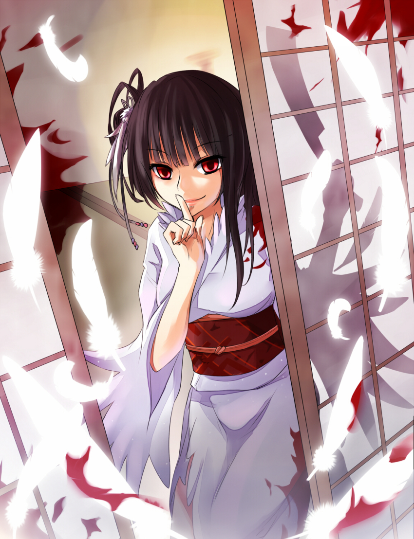 1girl, bird, black_hair, blood, crane_(animal), dutch_angle, empty_eyes, feathers