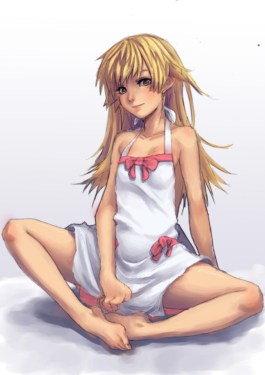 10s, 1girl, bad_id, bad_pixiv_id, bakemonogatari, bare_shoulders, barefoot, blonde_hair