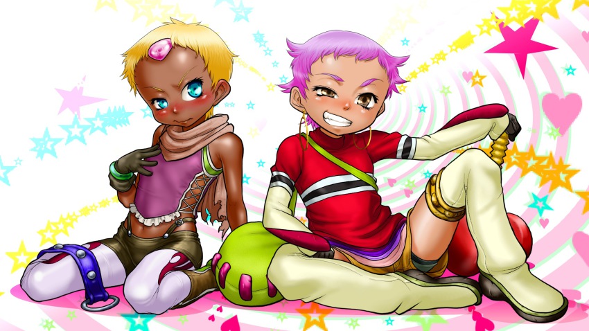 2girls, alfa_system, blonde_hair, blue_eyes, blush, boots, boro, brown_eyes, chat_(cosplay), chat_(tales), cosplay, costume_switch, dark-skinned_female, dark_skin, earrings, forehead_jewel, full_body, gloves, grin, hermana_larmo, hermana_larmo_(cosplay), highres, in-franchise_crossover, jewelry, multiple_girls, pantyhose, pink_hair, red_shirt, scarf, shirt, short_hair, shorts, sitting, smile, spread_legs, tales_of_(series), tales_of_eternia, tales_of_innocence, wariza, white_legwear