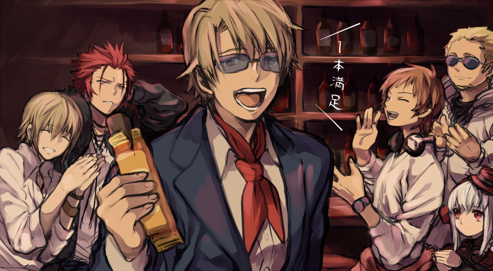 10s, 1girl, 5boys, bad_id, bad_pixiv_id, bar_(place), headphones, k-project