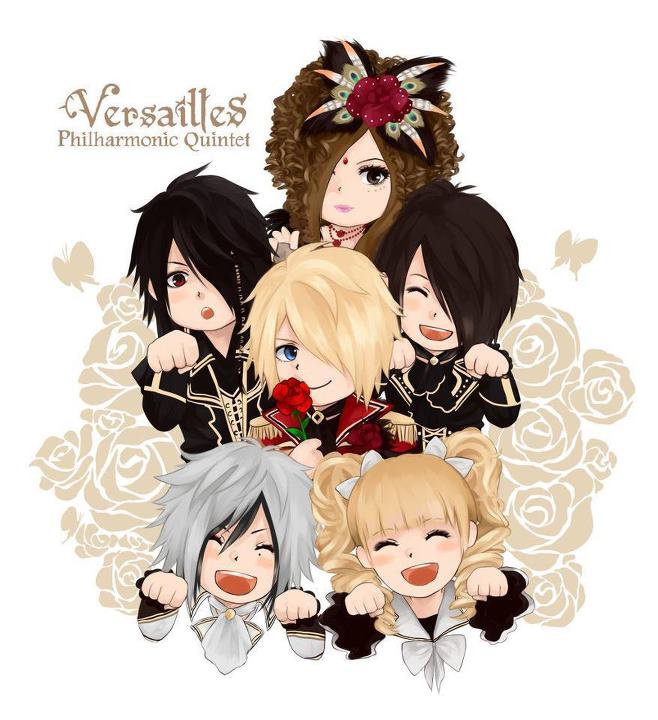 allblue0511, black_eyes, black_hair, blonde_hair, bow, brown_eyes, brown_hair, closed_eyes, feathers, flower, grin, happy, hizaki_(versailles), jasmine_you_(versailles), kamijo_(versailles), masashi_(versailles), paw_pose, red_eyes, rose, smile, teru_(versailles), twintails, versailles_philharmonic_quintet