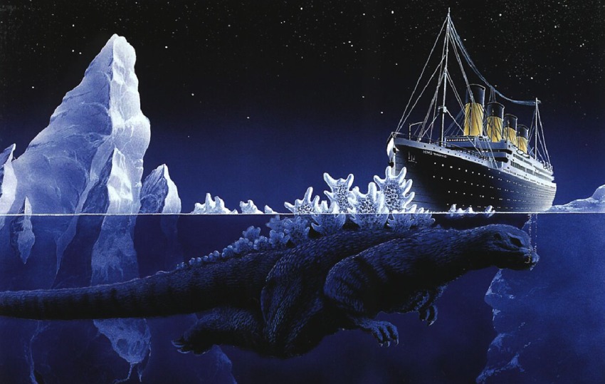 bubble, claws, dinosaur, godzilla, godzilla_(series), iceberg, jean-pierre_normand, kaiju, mutant, night, ocean, official_art, partially_underwater_shot, realistic, rms_titanic, sea_monster, ship, sky, spikes, star_(sky), star_(symbol), starry_sky, swimming, tail, titanic_(movie), toho, underwater, water, watercraft