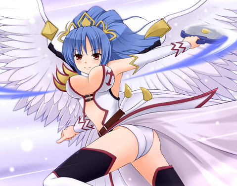 10s, angel_feather, blue_hair, breasts, cardfight!!_vanguard, circular_saw_kiriel, cleavage, detached_sleeves, hair_ornament, headdress, looking_at_viewer, lowres, thighhighs