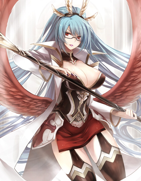 10s, angel_feather, blue_hair, cardfight!!_vanguard, coat, crimson_impact_metatron, glasses, headband, long_hair, looking_at_viewer, miniskirt, polearm, skirt, spear, thighhighs, weapon, wings