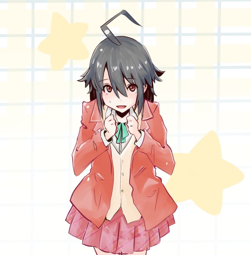 1boy, ahoge, black_hair, crossdressing, crossdressing_(mtf), highres, kaidou_shuu, male_focus, pen_(ismr), red_eyes, reversible!, reversible_school_life, school_uniform, skirt, solo, sweat, trap