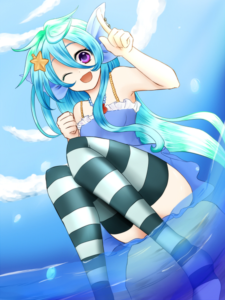 10s, bermuda_triangle, blue_dress, blue_hair, cardfight!!_vanguard, dress, fins, frills, hair_ornament, hairclip, looking_at_viewer, mermaid, monster_girl, purple_eyes, thighhighs, top_idol_aqua, wink