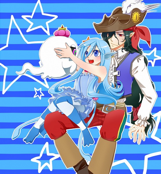 10s, bandana, bermuda_triangle, black_hair, blue_dress, blue_eyes, blue_hair, captain_nightmist