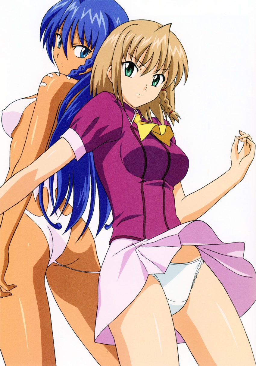 1990s_(style), 2girls, absurdres, aika_(series), aika_r-16, ascot, ass, back-to-back, blue_eyes, blue_hair, braid, dual_persona, frown, highres, long_hair, multiple_girls, official_art, panties, pantyshot, retro_artstyle, shivie_aika, side_braid, simple_background, single_braid, skirt, standing, sumeragi_aika, tan, ultranite, ultranite_form, underwear, v-shaped_eyebrows, white_background, yamauchi_noriyasu, yellow_ascot