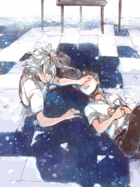 10s, 2boys, chikin_maro, evangelion:_3.0_you_can_(not)_redo, hand_on_another's_face, ikari_shinji, lying, male_focus