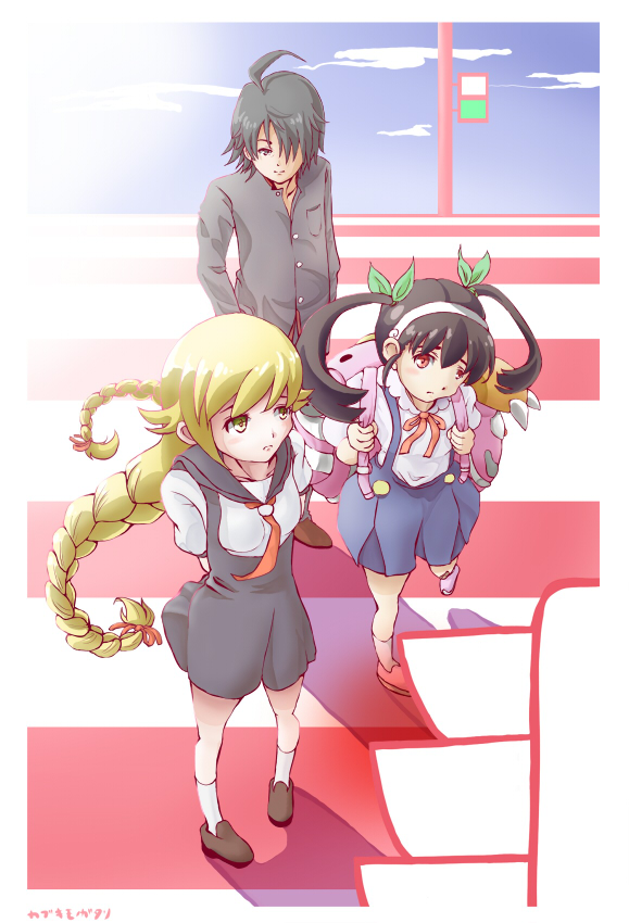1boy, 2girls, araragi_koyomi, backpack, bad_id, bad_pixiv_id, bag, bakemonogatari