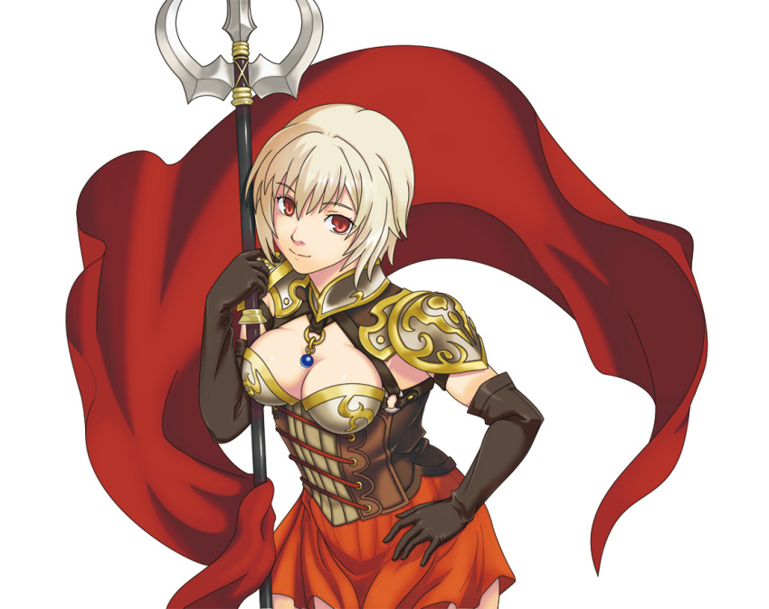 1girl, armor, black_gloves, blonde_hair, breasts, cleavage, corset, elbow_gloves