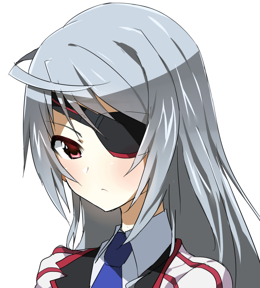 10s, 1girl, bad_id, bad_pixiv_id, close-up, eyepatch, female_focus, highres, infinite_stratos, juuroku_anna, laura_bodewig, long_hair, necktie, red_eyes, silver_hair, solo, uniform