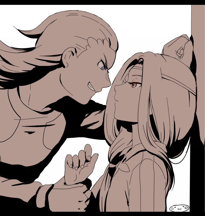 2boys, against_wall, androgynous, bad_id, bad_pixiv_id, blue_eyes, dragonlink, gloves