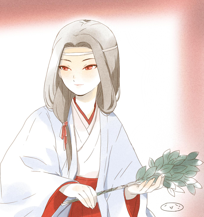 1boy, androgynous, bad_id, bad_pixiv_id, brown_hair, crossdressing, crossdressing_(mtf), hakama, hakama_skirt, inazuma_eleven_(series), inazuma_eleven_go, japanese_clothes, kurosaki_makoto, long_hair, male_focus, miko, mizuhara_aki, red_eyes, red_hakama, skirt, solo, trap, upper_body