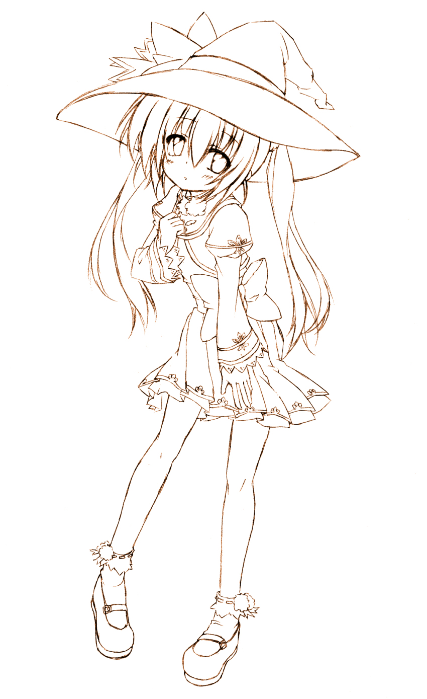 1girl, absurdres, blush, dress, female_focus, hat, highres, houtou_(koihime_musou), jun_(noiji_guren_0220), koihime_musou, lineart, long_hair, looking_at_viewer, monochrome, solo, twintails, witch_hat