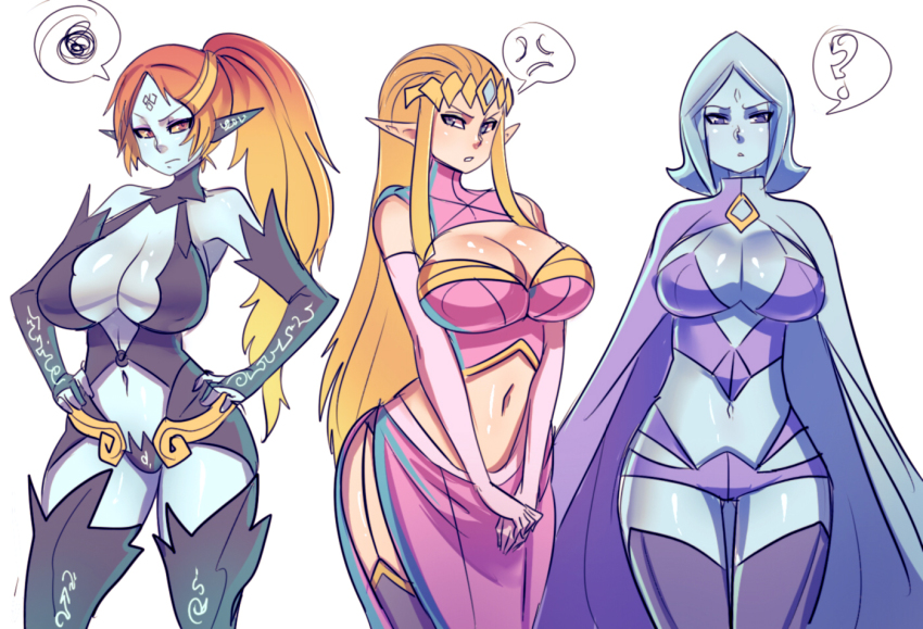 3girls, ?, alternate_breast_size_(larger), angry, bare_shoulders, blonde_hair, blue_eyes, blue_hair, blue_skin, breasts, bridal_gauntlets, cape, cleavage, colored_sclera, colored_skin, elbow_gloves, elf, facial_mark, fi_(zelda), forehead_jewel, forehead_mark, forehead_protector, gloves, hands_on_own_hips, huge_breasts, long_hair, maniacpaint, midna, midna_(true), midriff, multiple_girls, navel, nintendo, orange_hair, pointy_ears, ponytail, princess_zelda, red_eyes, shiny_skin, short_hair, side_slit, sidelocks, speech_bubble, spoilers, squiggle, the_legend_of_zelda, the_legend_of_zelda:_skyward_sword, the_legend_of_zelda:_twilight_princess, thigh_gap, thighhighs, time_paradox, v_arms, yellow_sclera