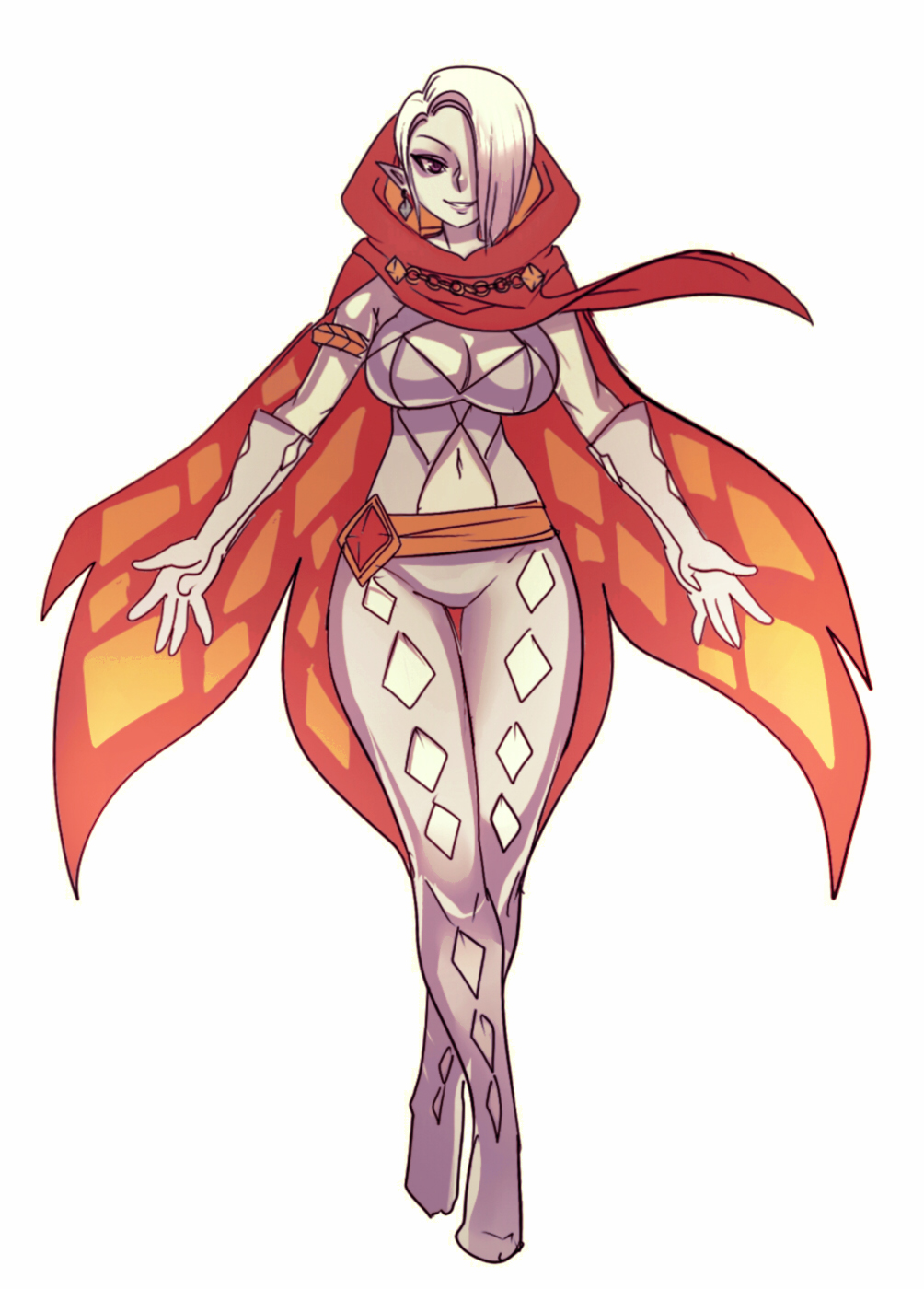 1girl, argyle, bodysuit, breasts, cape, cleavage, cleavage_cutout, clothing_cutout, earrings, elbow_gloves, female_focus, gender_request, genderswap, ghirahim, gloves, hair_over_one_eye, highres, jewelry, large_breasts, maniacpaint, navel, navel_cutout, nintendo, pointy_ears, red_eyes, short_hair, smile, solo, the_legend_of_zelda, the_legend_of_zelda:_skyward_sword, thigh_gap, white_hair, wide_hips