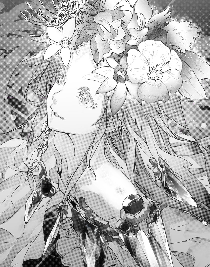 10s, 1girl, beatless, female_focus, flat_chest, flower, from_above, greyscale
