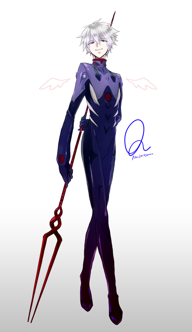 10s, 1boy, bident, evangelion:_3.0_you_can_(not)_redo, lance_of_longinus_(evangelion), male_focus, mecha_pilot_suit, nagisa_kaworu