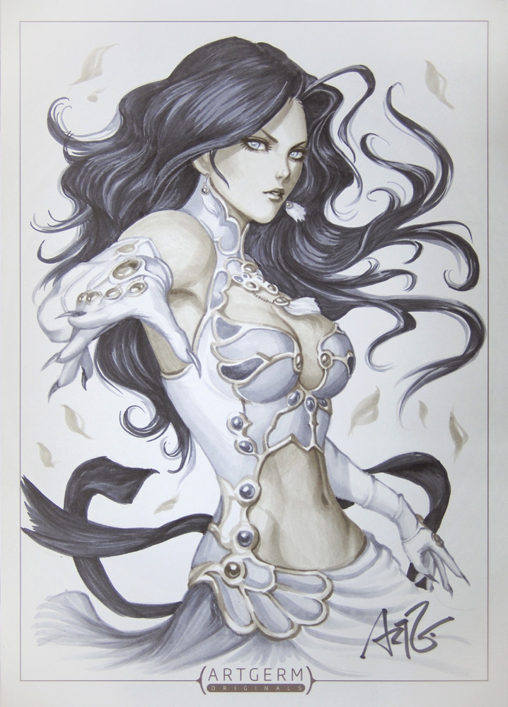 00s, 1girl, armpits, blue_eyes, blue_hair, breasts, claws, cleavage, cleavage_cutout, clothing_cutout, earrings, elbow_gloves, female_focus, gloves, jewelry, long_hair, marker_(medium), matching_hair/eyes, md5_mismatch, medium_breasts, midriff, navel, resized, resolution_mismatch, shahrazad_al-rahman, signature, solo, source_smaller, stanley_lau, traditional_media, trinity_blood, upscaled