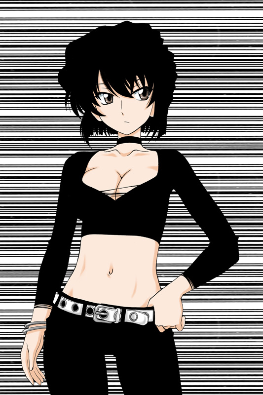 1girl, aged_up, alternate_color, belt, black_hair, bracelet, breasts, choker
