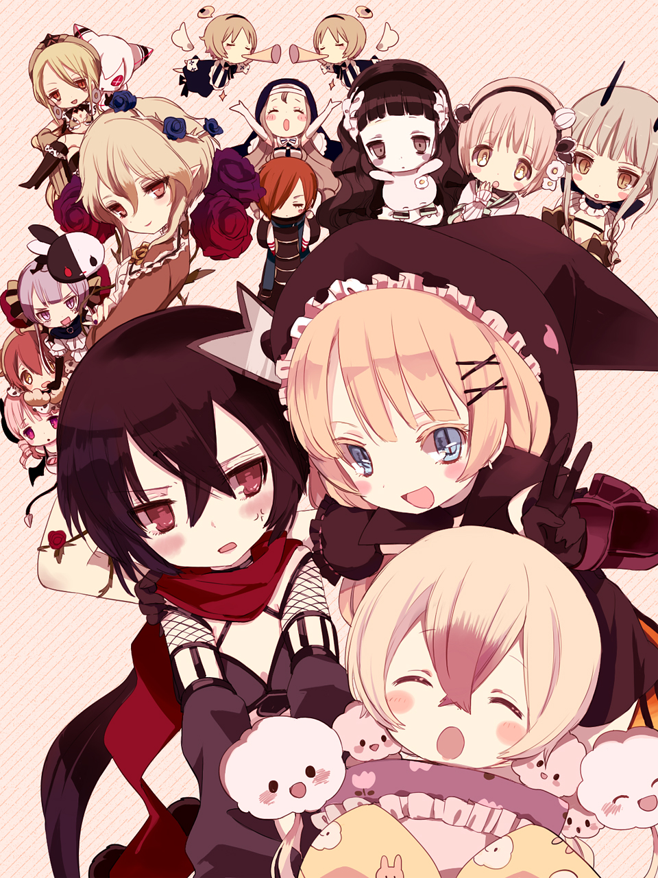 10s, 6+girls, :o, ^_^, anger_vein, arms_up, black_hair, blonde_hair