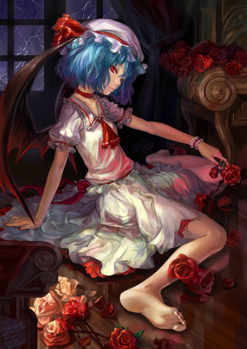 1girl, ascot, barefoot, bat_wings, blue_hair, feet, female_focus, flower