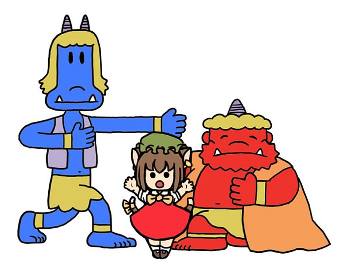 1girl, :o, aka_oni_to_ao_oni_no_tango, animal_ears, blonde_hair, blue_oni, brown_hair, cat_ears